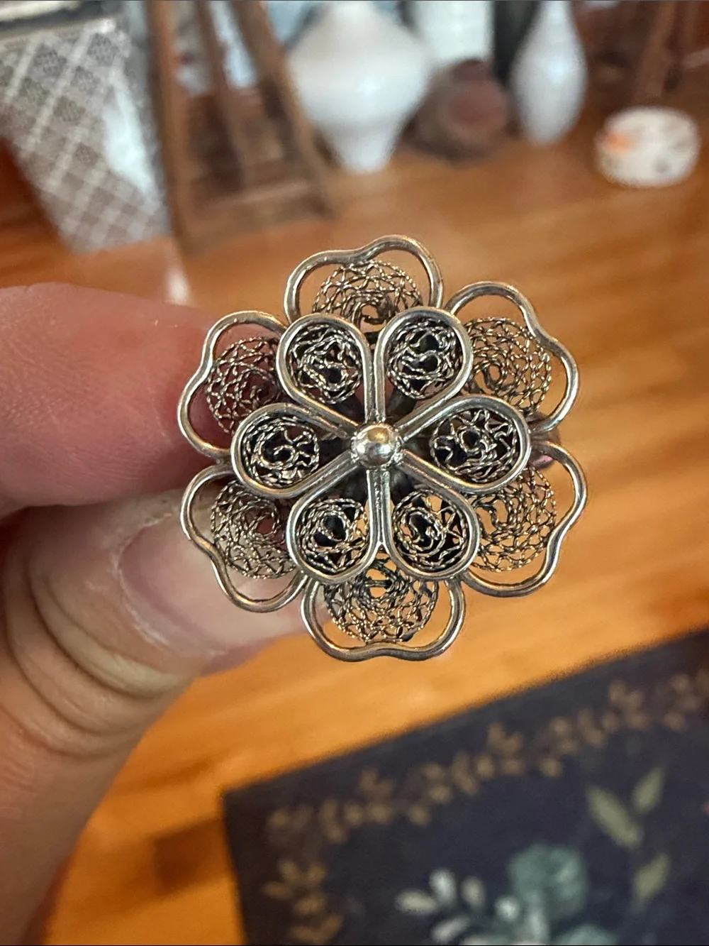 Vintage Sterling Silver Filigree Flower Ring Adjustable Stamped 925